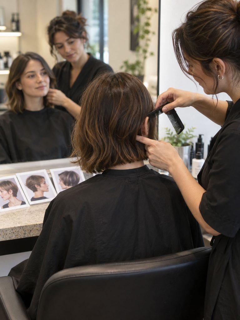 Hairstylist showing a client where a short haircut will sit near the jaw and ears
