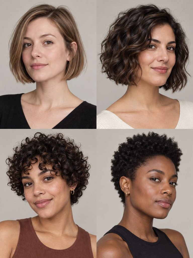 Four women with fine straight, thick wavy, curly and coily short hair