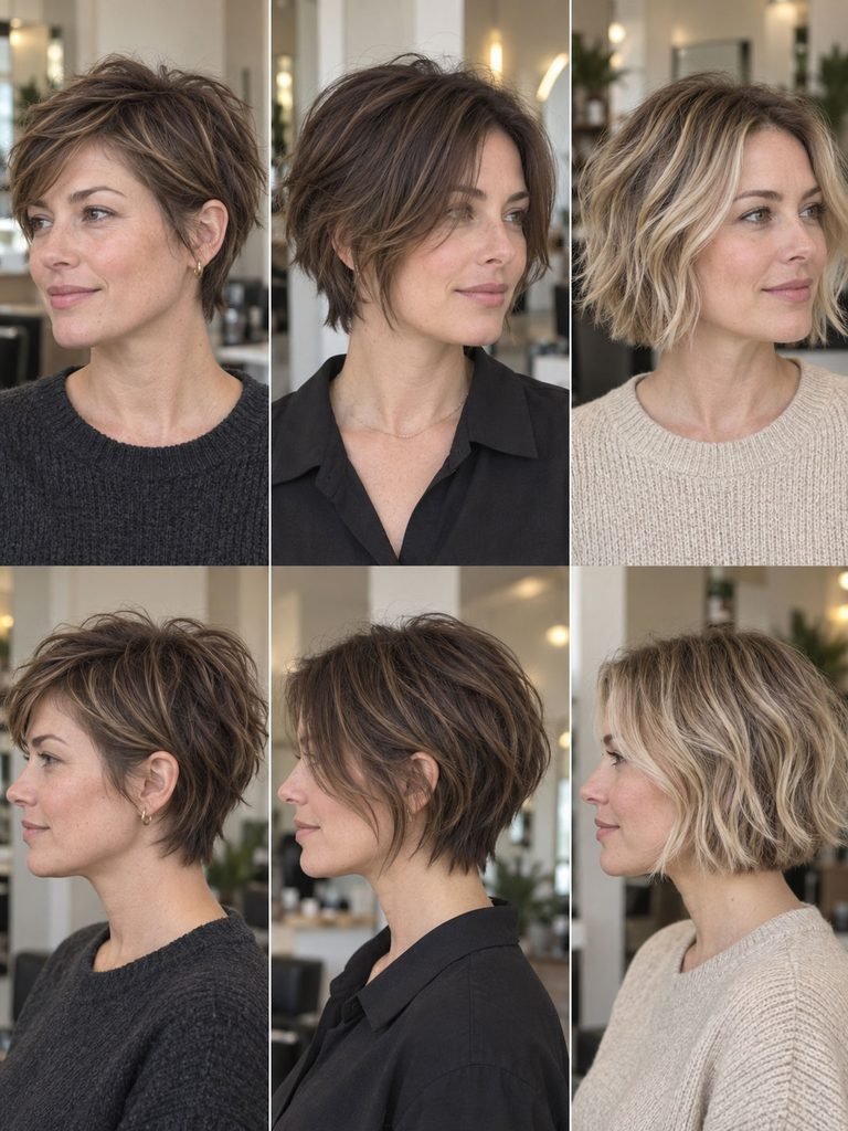 Side views of a grown out pixie, bixie and relaxed textured bob