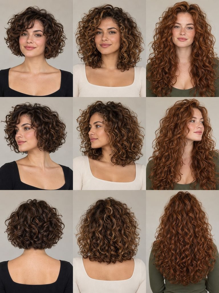 Three women showing a curly layered bob, shoulder length rounded layers and long cascading curly layers