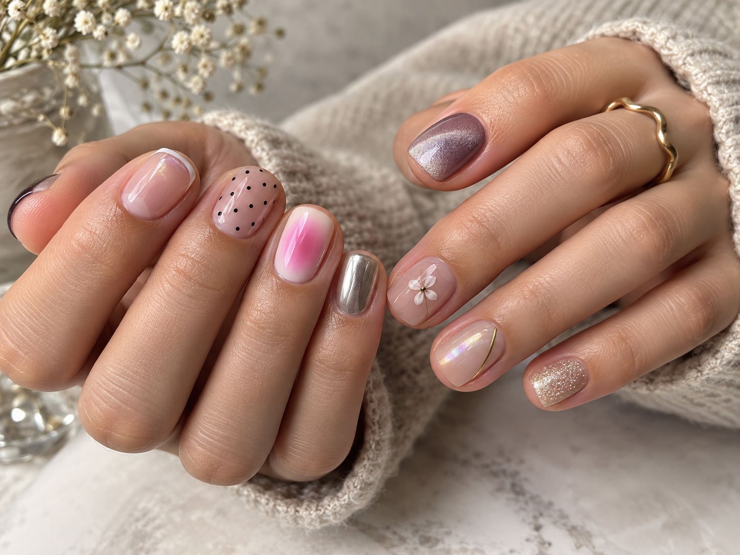 Two hands with short natural nails showing micro French, polka dots, aura, chrome and magnetic designs