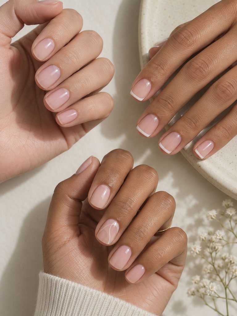 Healthy short natural nails in round, square and squoval shapes with simple polished designs