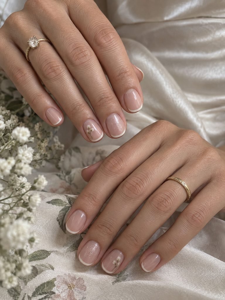 Short natural wedding guest nails with micro French, pearl glaze and tiny floral accents