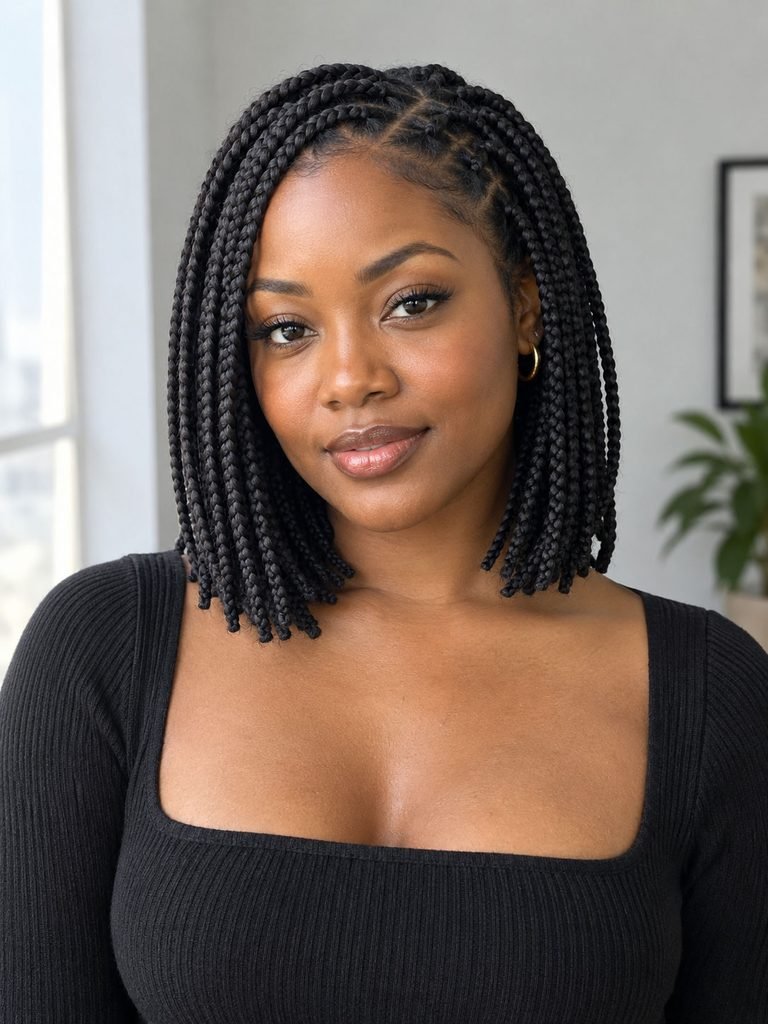 Black woman wearing a neat shoulder length braided bob with medium braids