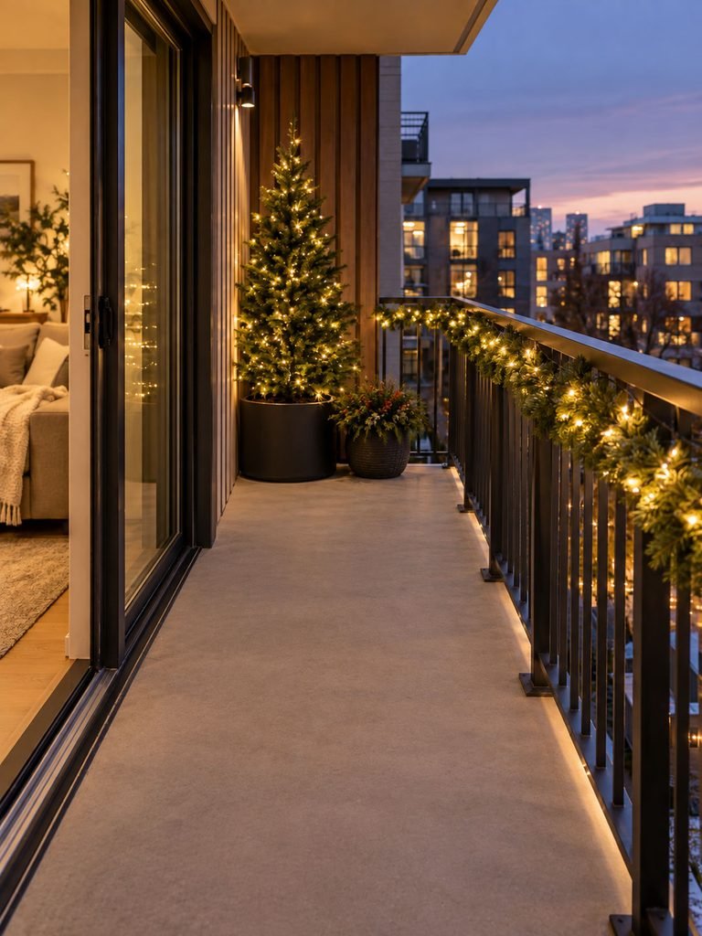 Small Christmas balcony showing secure railing lights, greenery, a mini tree, and clear walking space