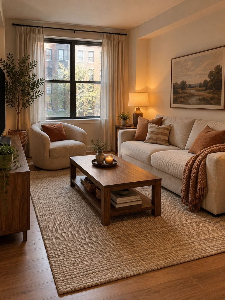 Compact living room with one sofa, one chair and a useful coffee table instead of many small pieces