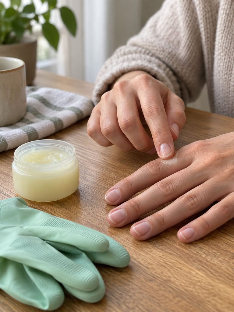 Short bare nails being moisturized with petroleum jelly beside household cleaning gloves