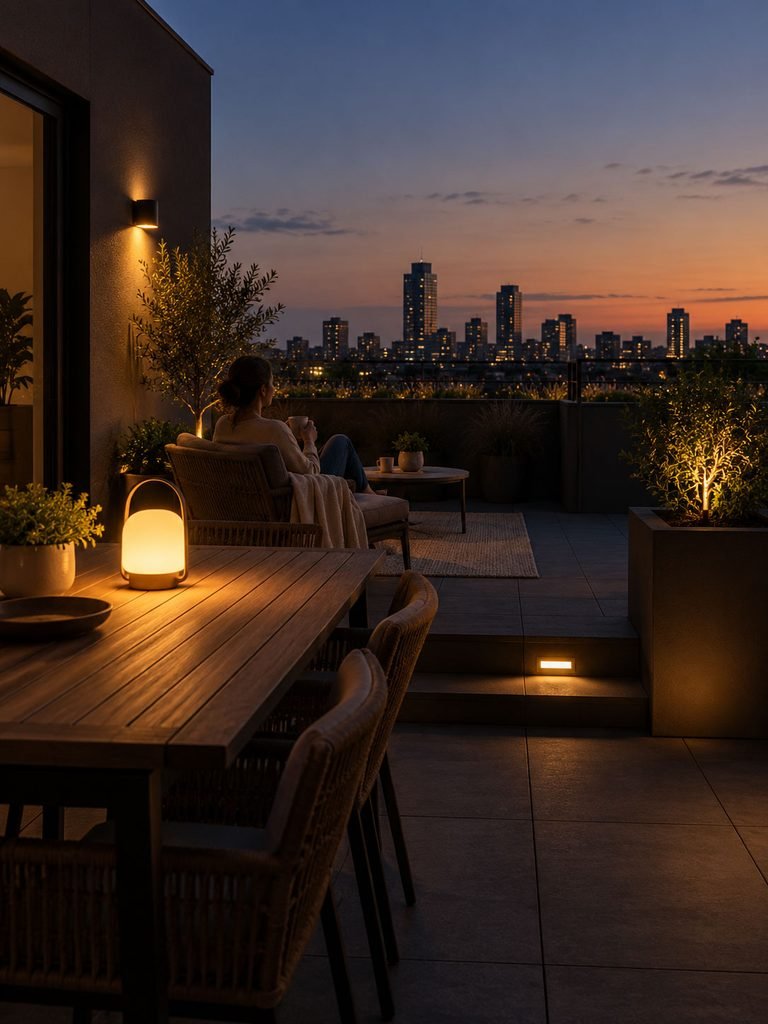 Rooftop terrace tested with table, lounge and pathway lighting before adding more fixtures
