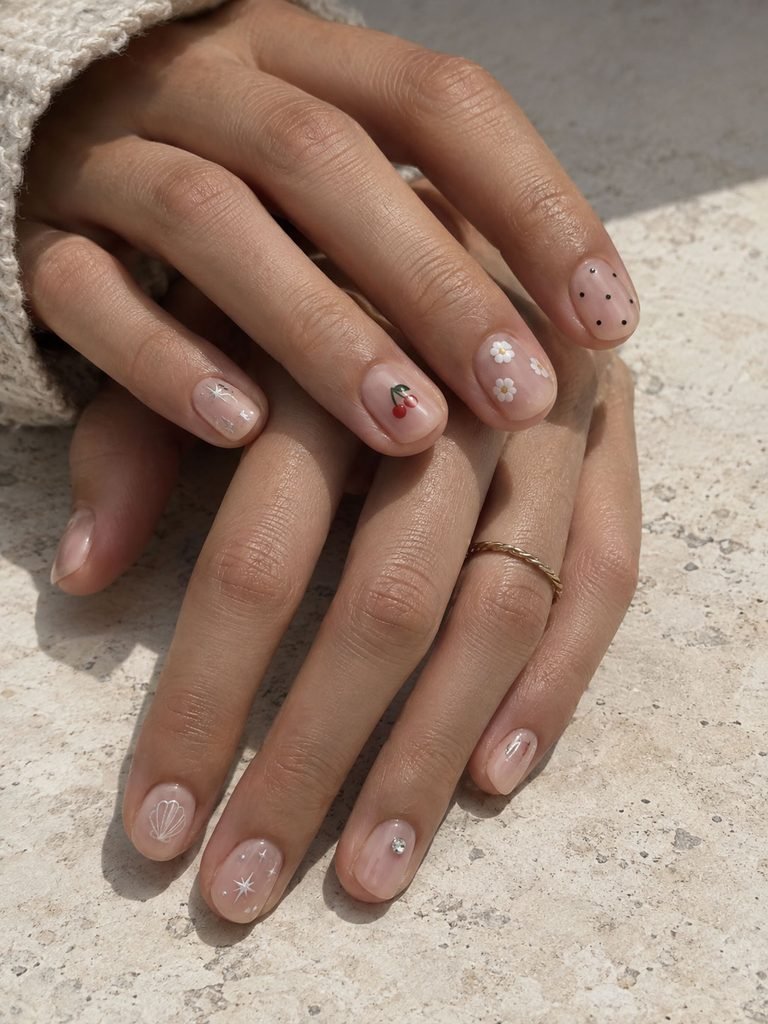 Two hands with short nails showing tiny dots, flowers, fruit, stars, shell details and one small gem accent