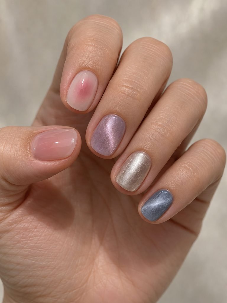 Short nails with milky jelly color, pink aura shading, magnetic cat eye glow, silver chrome and velvet shimmer