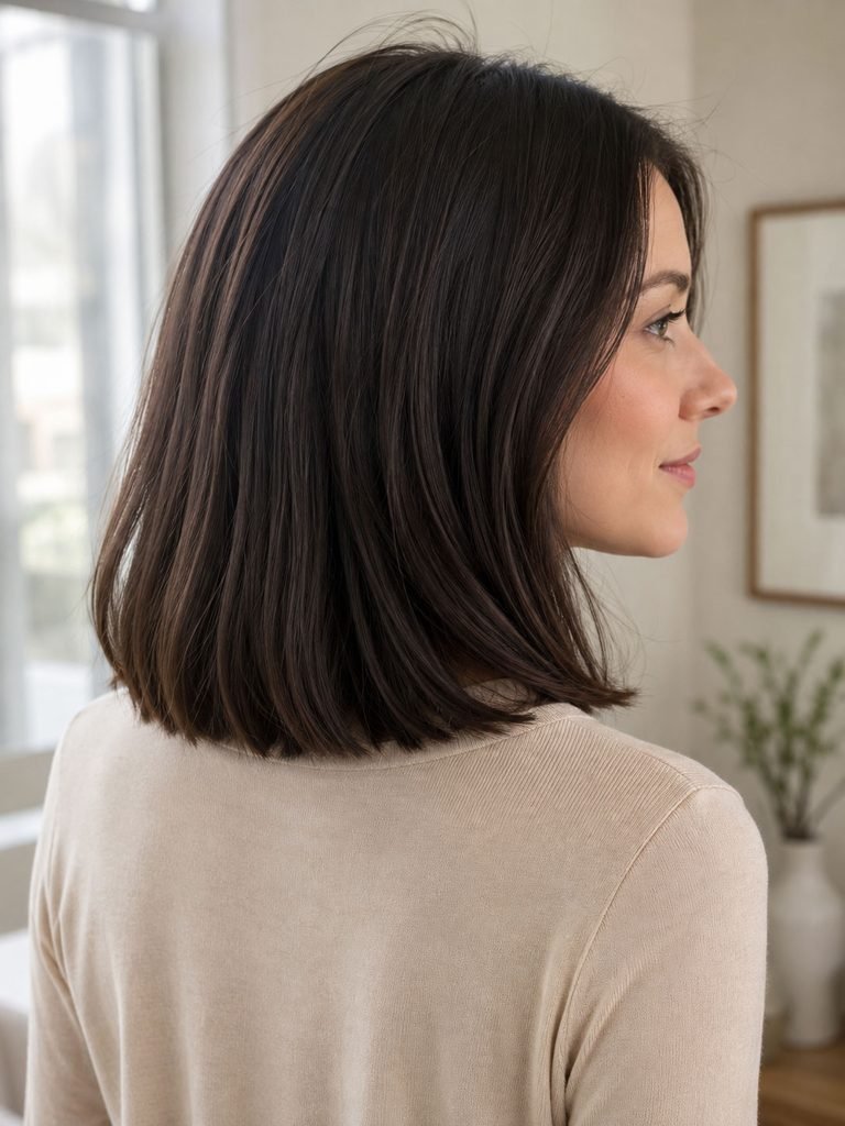 Woman with a straight collarbone-length lob and a strong full perimeter