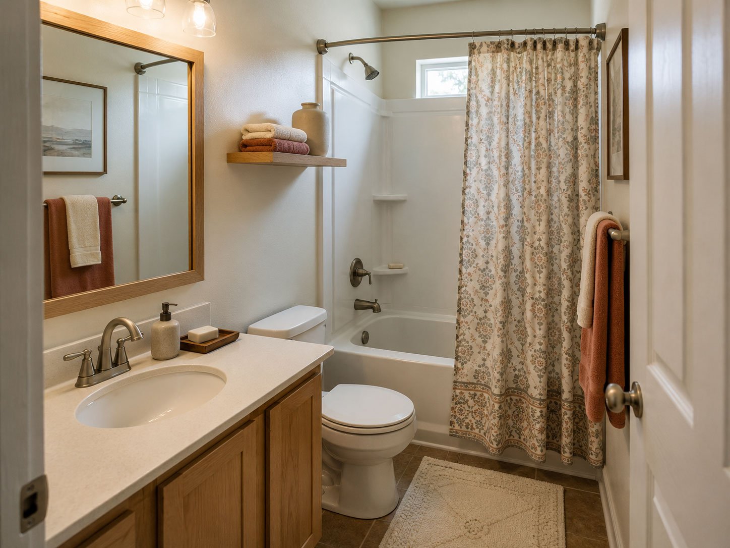 Compact bathroom with a wide mirror, warm wood vanity, patterned shower curtain and clear counter