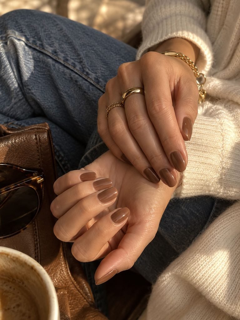Soft caramel suede brown manicure