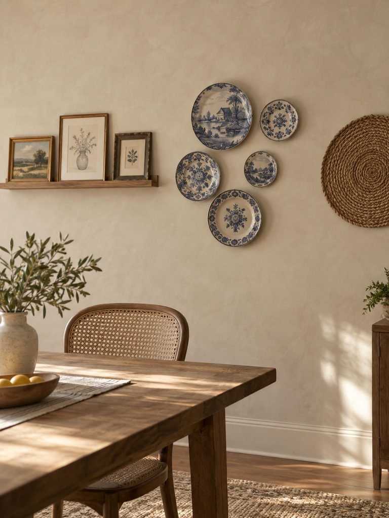 Dining room wall with shallow picture ledge, decorative plates and woven wall pieces