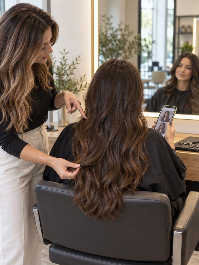 Woman with long thick hair discussing layer placement and perimeter shape with a hairstylist