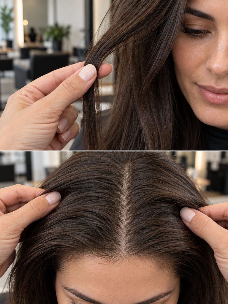 Close views comparing thick individual hair strands with a dense section containing many strands