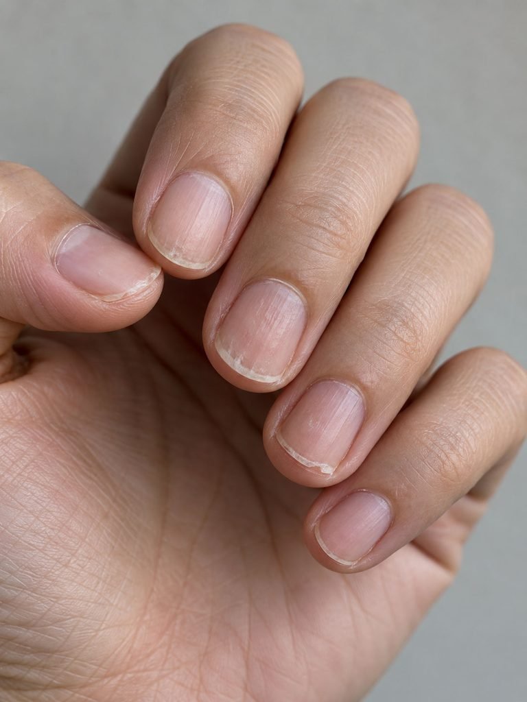 Close view of short bare fingernails with subtle peeling at the tips after gel polish removal