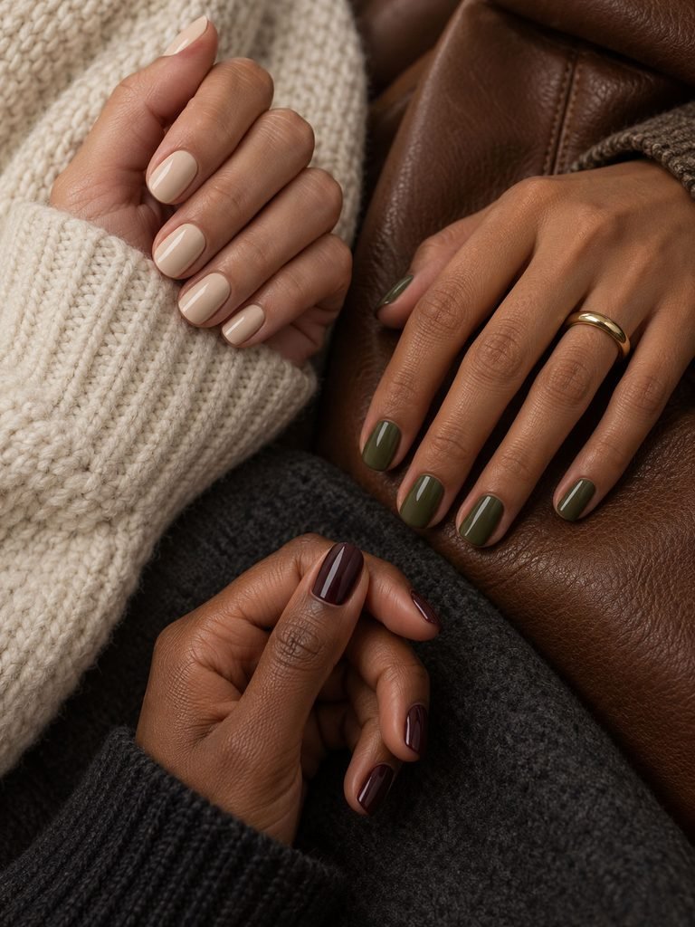Three manicured hands showing a soft neutral, earthy olive and deep black cherry fall look