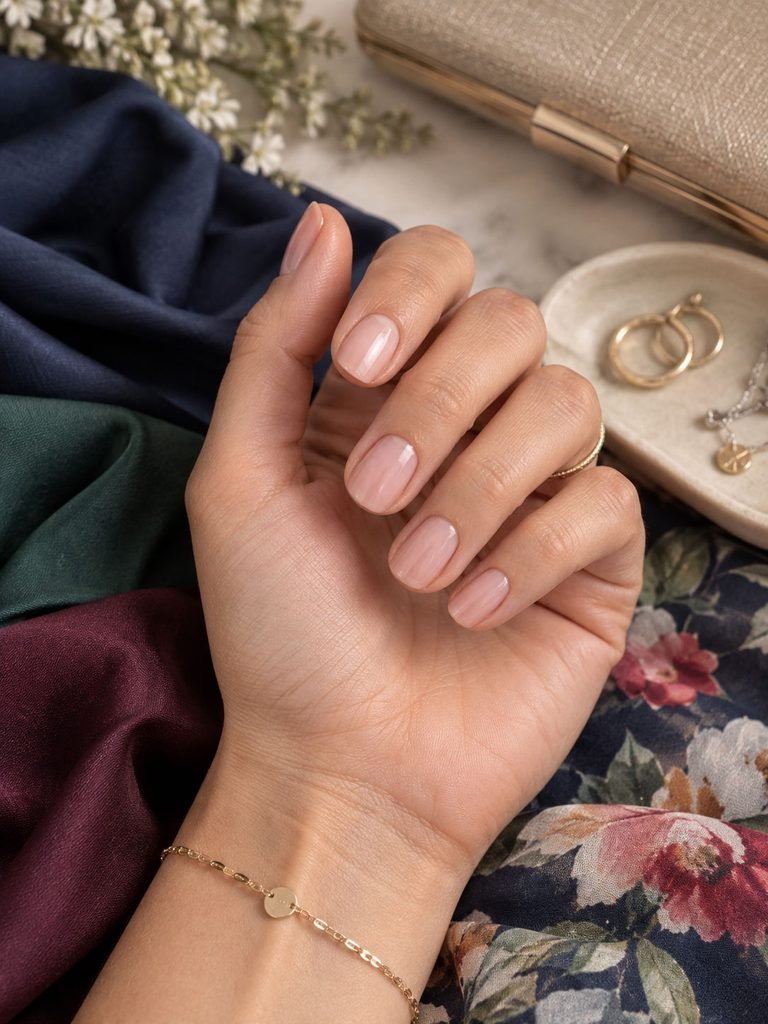Sheer blush nails beside navy, green, burgundy and floral dress fabrics