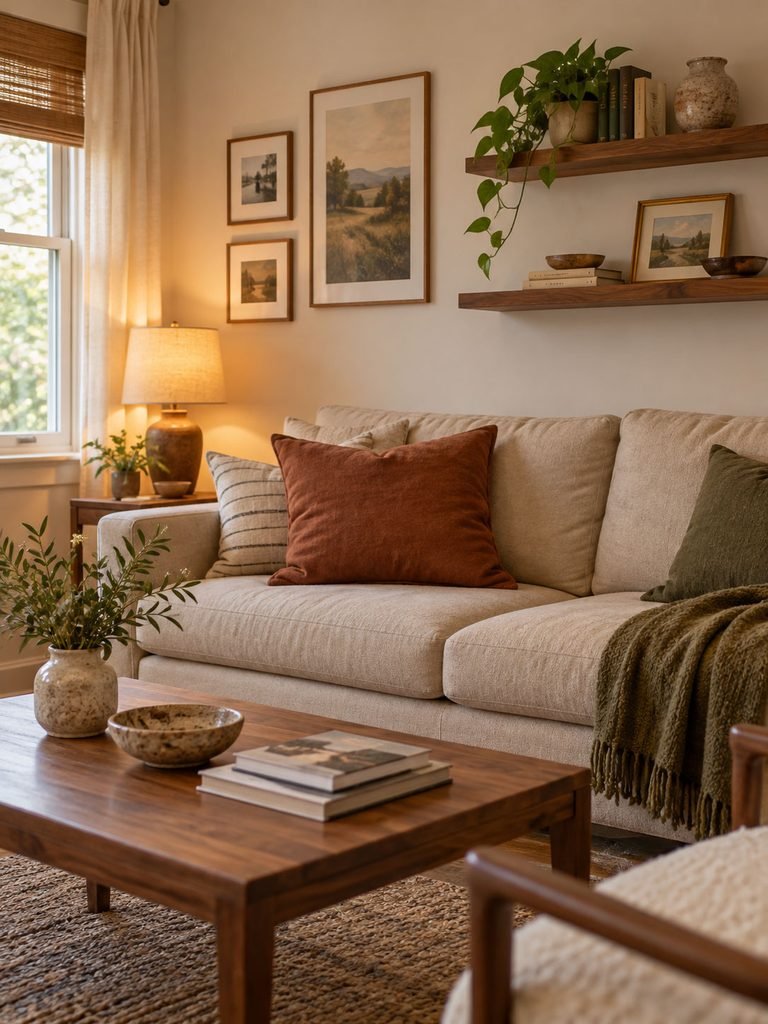 Small neutral living room with rust cushions, wood accents, books and a few framed pictures