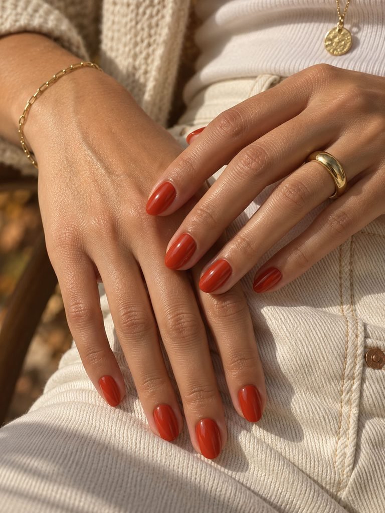 Glossy warm tomato red fall nails