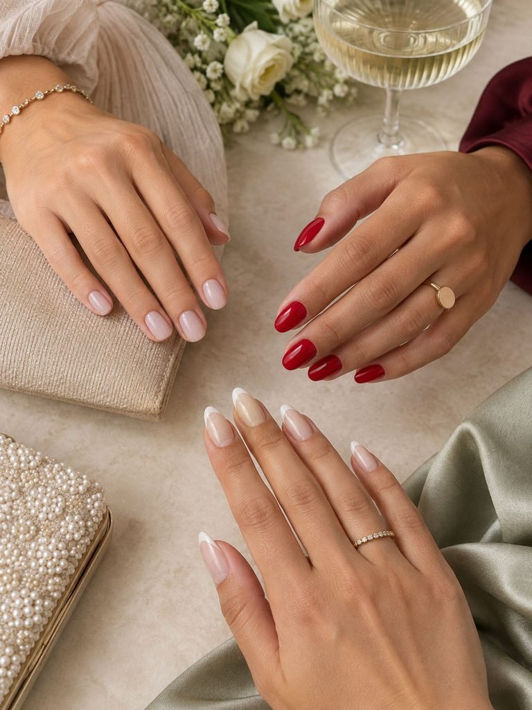 Several elegant wedding guest manicure options in neutral, red and pearl finishes
