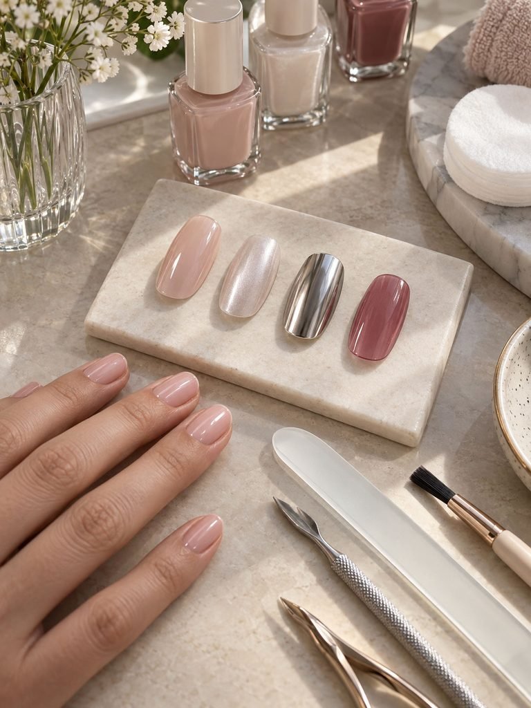 Glossy, pearl, chrome and sheer nail finishes beside manicure tools
