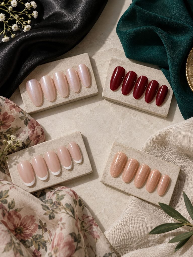 Wedding guest manicure samples styled with formal satin, floral fabric and relaxed linen