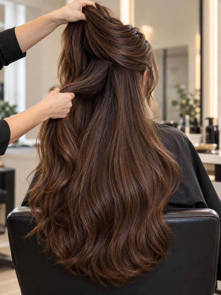 Back view of long dense hair showing full lower weight, side bulk and a heavy interior
