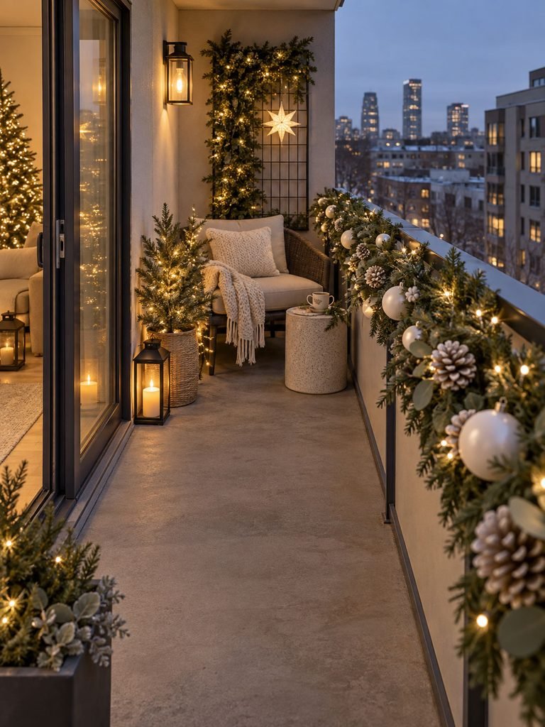 Small balcony decorated with white ornaments, pale greenery accents, and warm lights without artificial snow on the floor