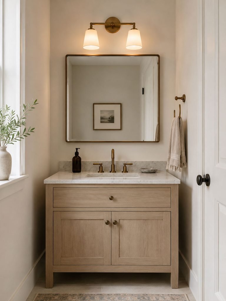Wide framed mirror above a small vanity with warm light and minimal countertop decor