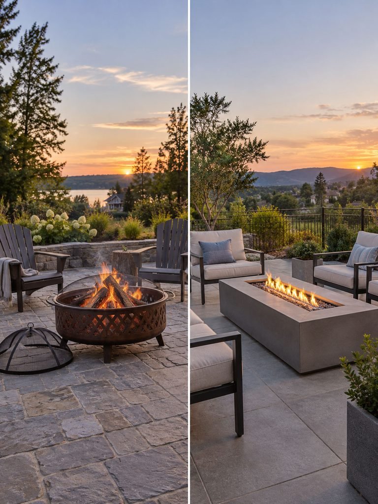 Side by side backyard settings showing a round wood burning pit and a rectangular gas fire table