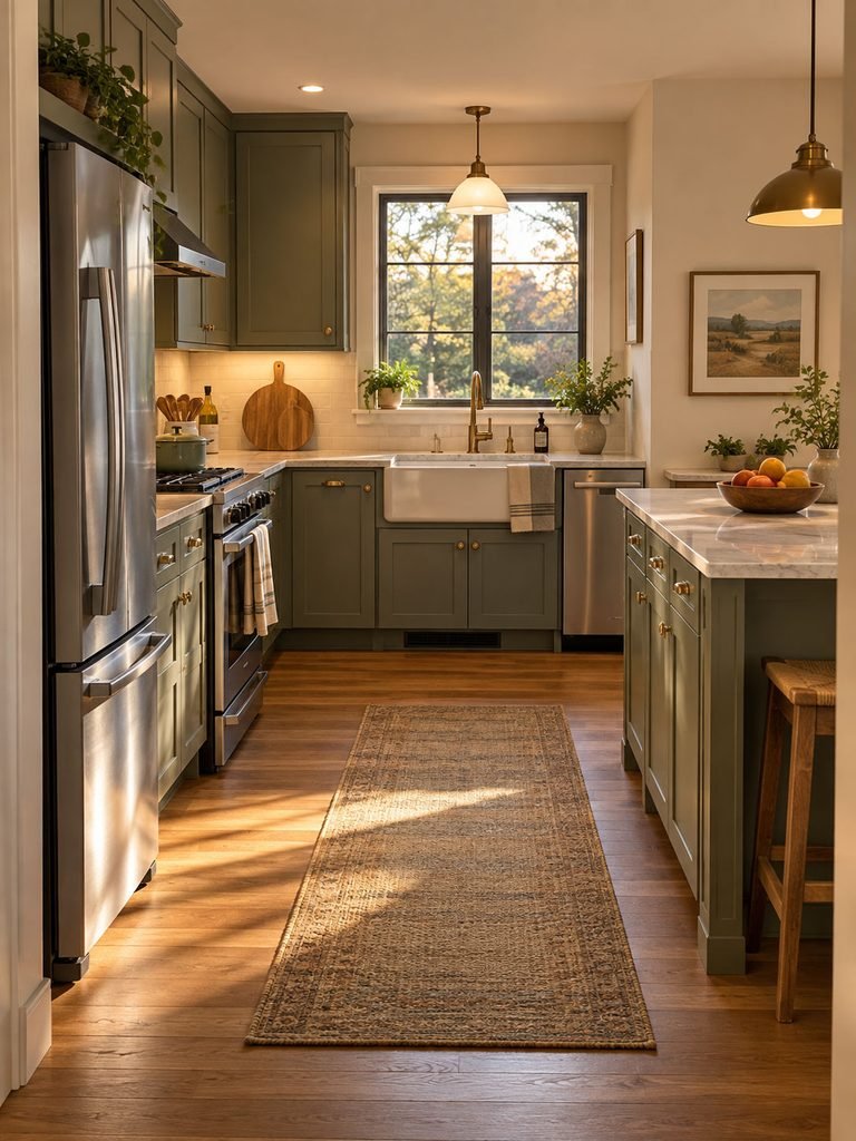 Finished everyday kitchen with clear counters, framed art, wood accents, runner and warm lighting