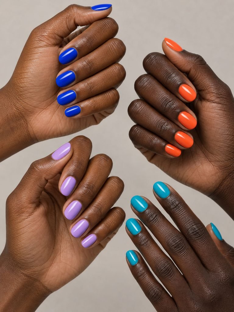 Hands with deep brown skin wearing cobalt blue, orange coral, lilac and turquoise nail polish.
