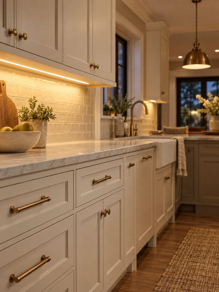 Cream kitchen cabinets with simple brass pulls and warm under cabinet lighting