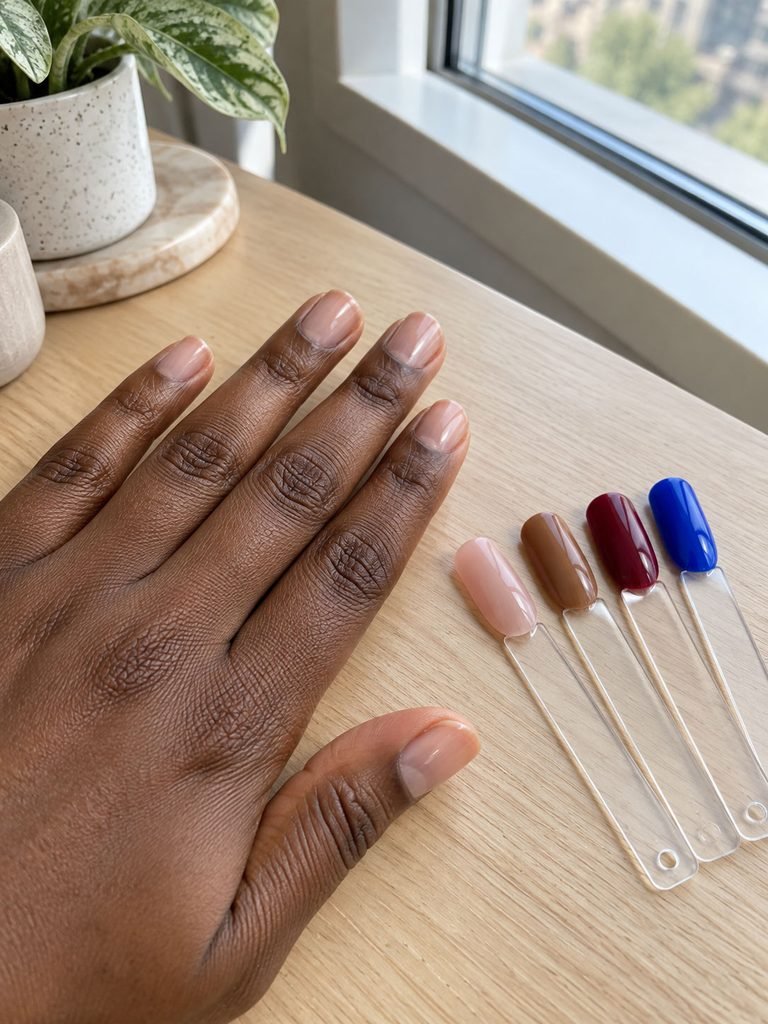 Dark brown hand comparing rose nude, caramel, berry and cobalt polish samples beside a sunlit window.