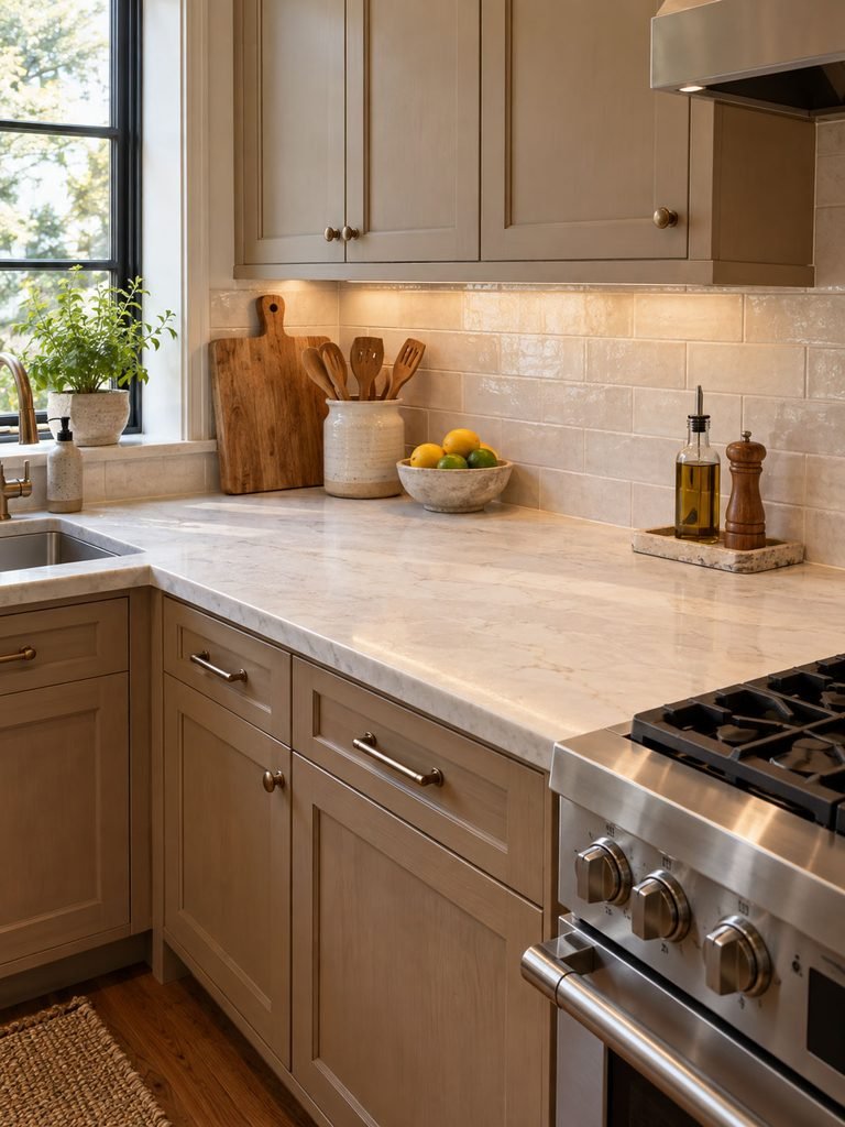 Kitchen counter with clear prep space, cutting board, utensil crock and compact fruit bowl