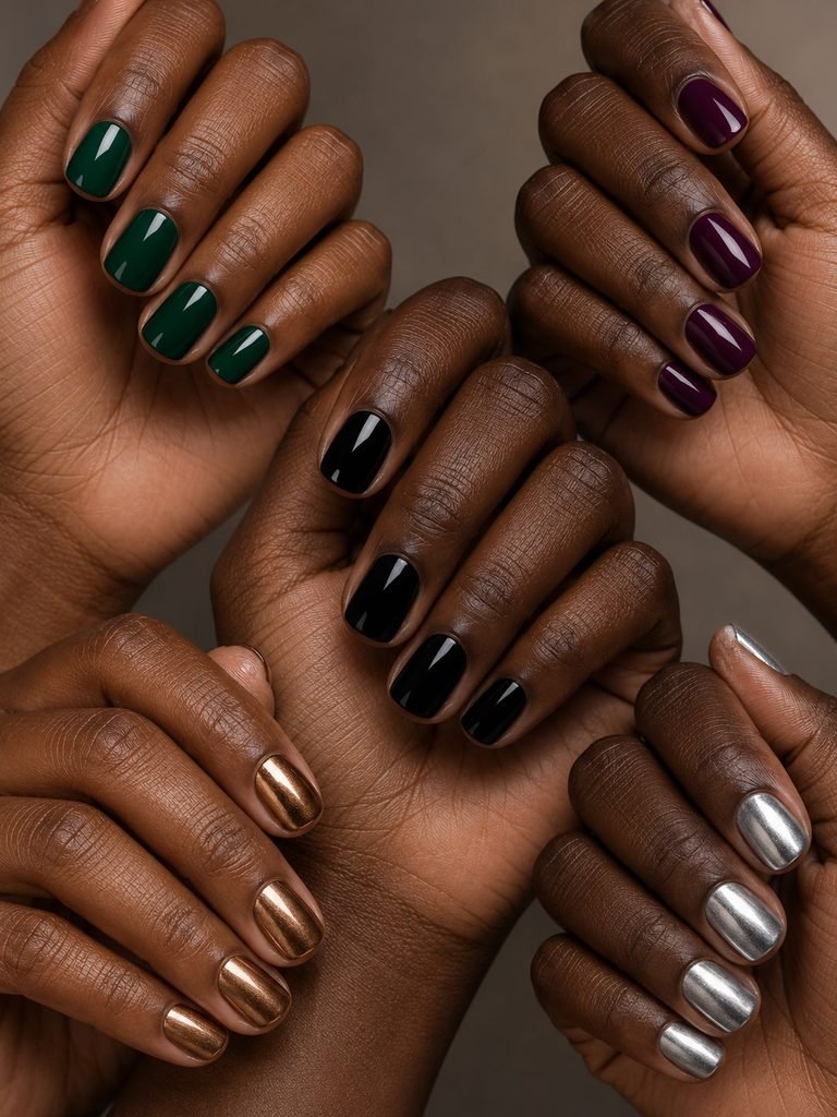 Dark skin manicures in emerald green, deep plum, glossy black, bronze metallic and silver.