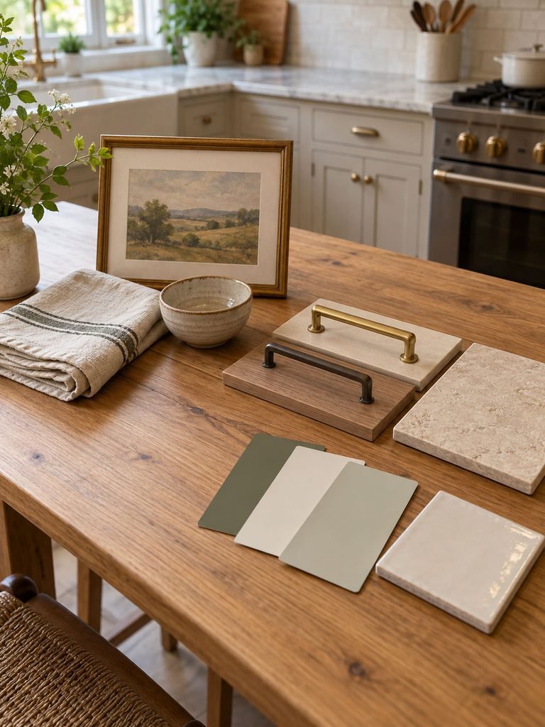 Kitchen table with textiles, cabinet pulls, paint samples and backsplash materials arranged for comparison