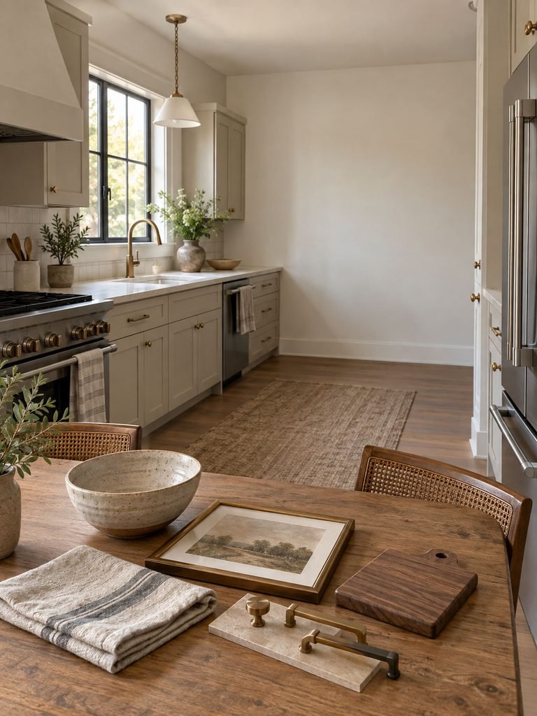 Simple kitchen with one clear counter, a bare wall and a small group of decor samples