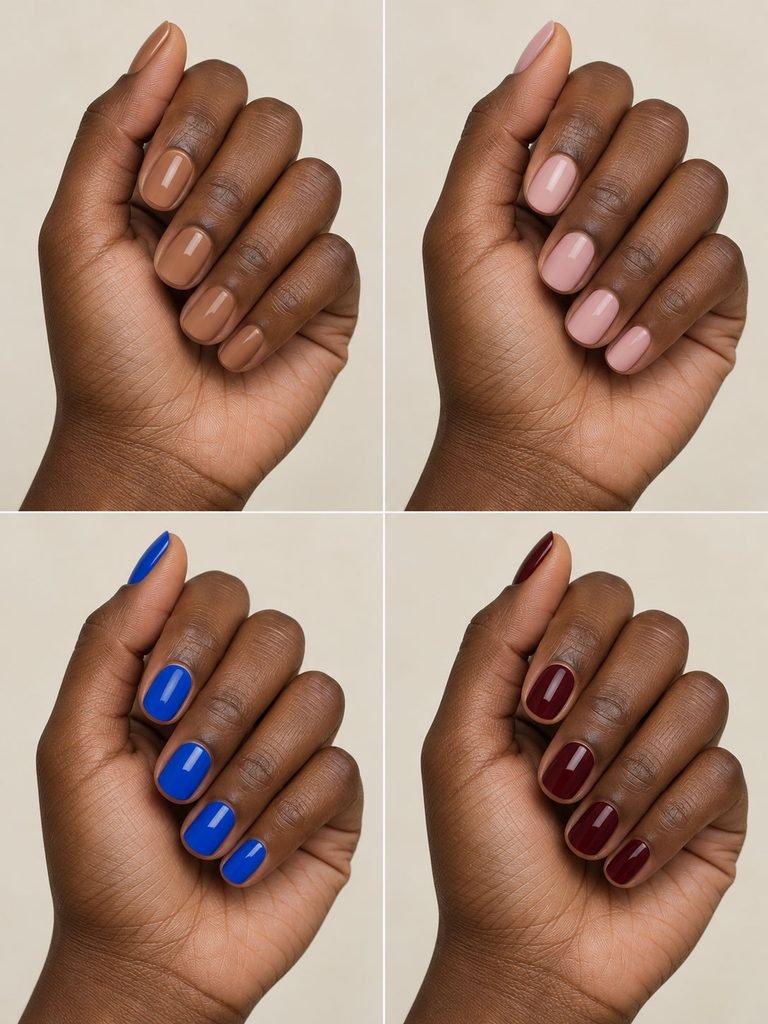 Four dark brown hands displaying caramel nude, milky pink, cobalt blue and burgundy nail colors with different levels of contrast.