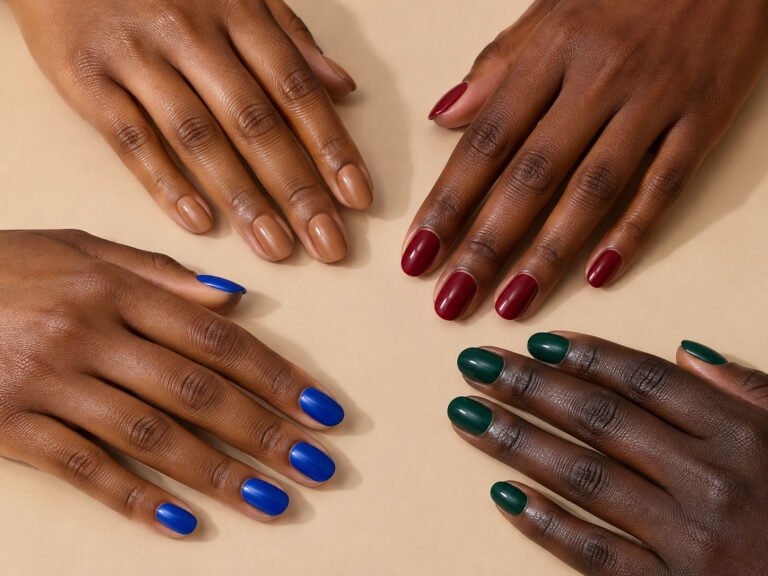 Four hands with medium deep to very deep brown skin wearing nude, burgundy, cobalt blue and emerald green manicures.