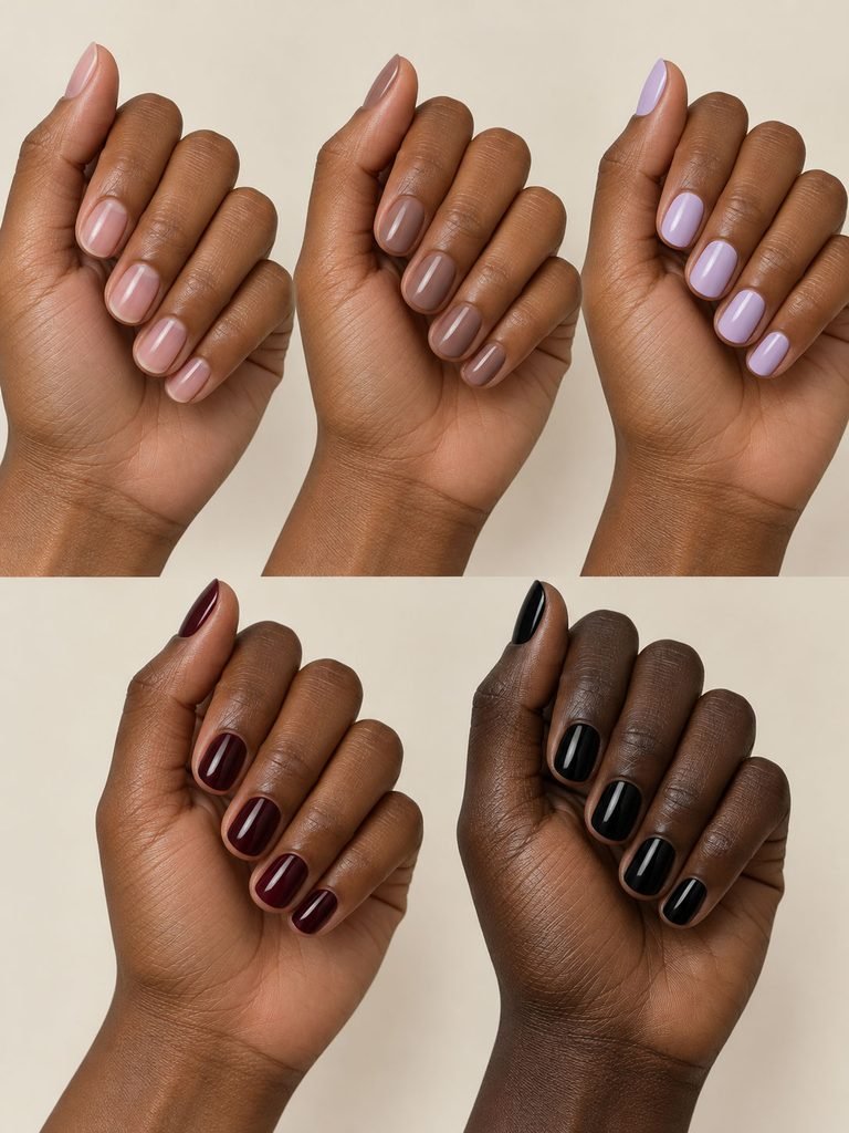 Deep brown hands comparing sheer pink, cocoa nude, pale lilac, black cherry and glossy black manicures.