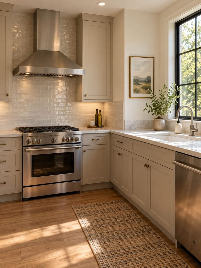 Clean kitchen range and sink zones with clear cooking space, vent hood and washable finishes