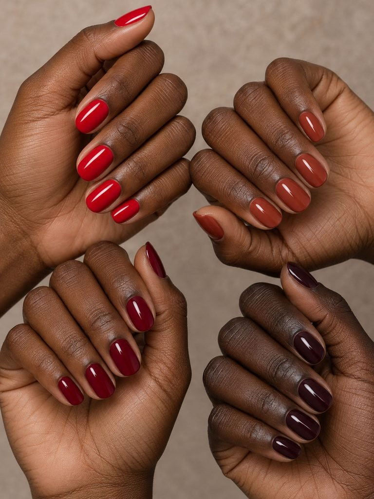 Deep brown hands wearing glossy cherry red, warm brick red, wine red and dark berry manicures.