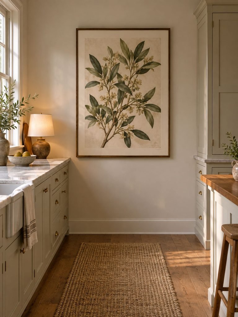 Kitchen wall with one large framed botanical print beside pale cabinets and clear counters