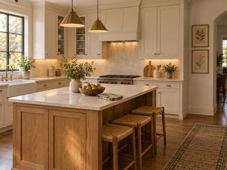 Warm kitchen with oak accents, clear counters, framed art and layered lighting