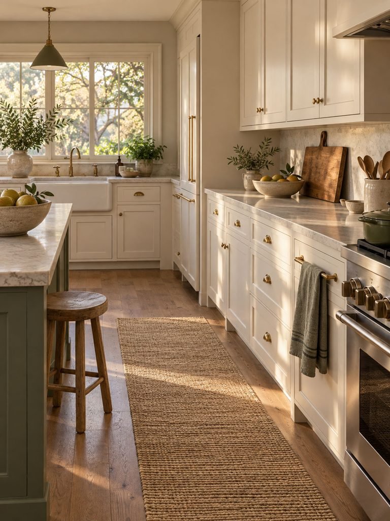 Neutral kitchen with woven runner, linen towel, wood stool and handmade ceramic bowl